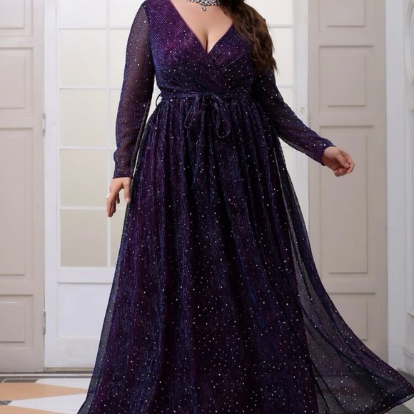 Plus Surplice Neck Glitter Belted Maxi Dress. - Picture 2 of 3